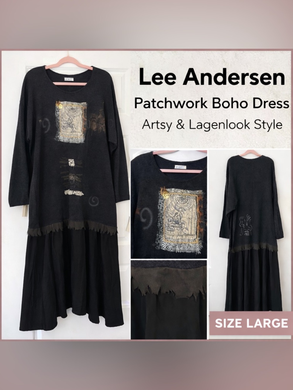Lee Andersen Boho Patchwork Dress Black Artsy Lagenlook Flowy Size Large
